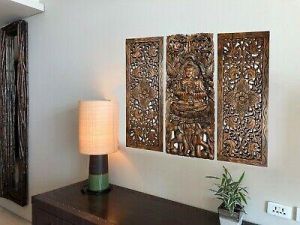 Floral Motif with Buddha Wall Art Panel. Large Carved Wood Decor Panels.Set of 3 בודהה וול ארט וול דקור עץ. 3 יח '