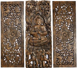 Family Gifts Guide קישוטים, ציורים, שעון קיר ועוד Floral Motif with Buddha Wall Art Panel. Large Carved Wood Decor Panels.Set of 3 בודהה וול ארט וול דקור עץ. 3 יח '